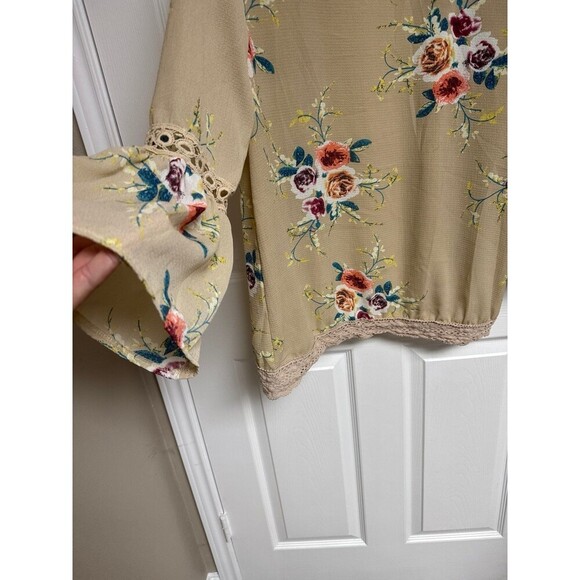 other Sweaters - Medium Tan and White Floral Bell Sleeve Lace Cardigan